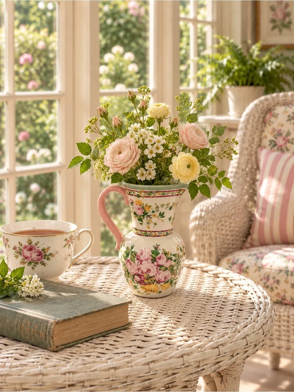Laura Ashley Home Floral Ceramic Pitcher Vase - Pink and Multicolor
